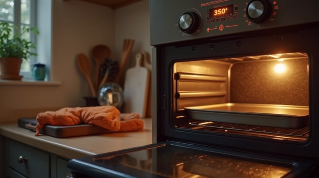 Oven preheating to 350°F, with kitchen tools like a timer and oven mitts nearby.